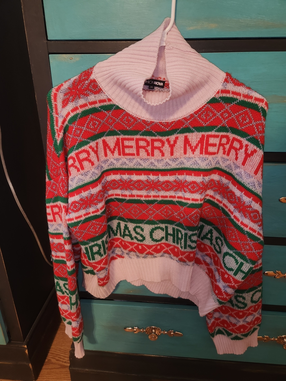 Fashion Nova Merry Christmas Knit Turtleneck Sweater - Pink, Red & Green